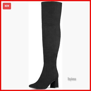 Women's Thigh High Over The Knee Boots Chunky Heel Suede Stretch